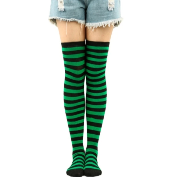 Over the Knee Striped Socks Green and Black OTK Cute Thigh High Tights Funky New - Picture 3 of 8